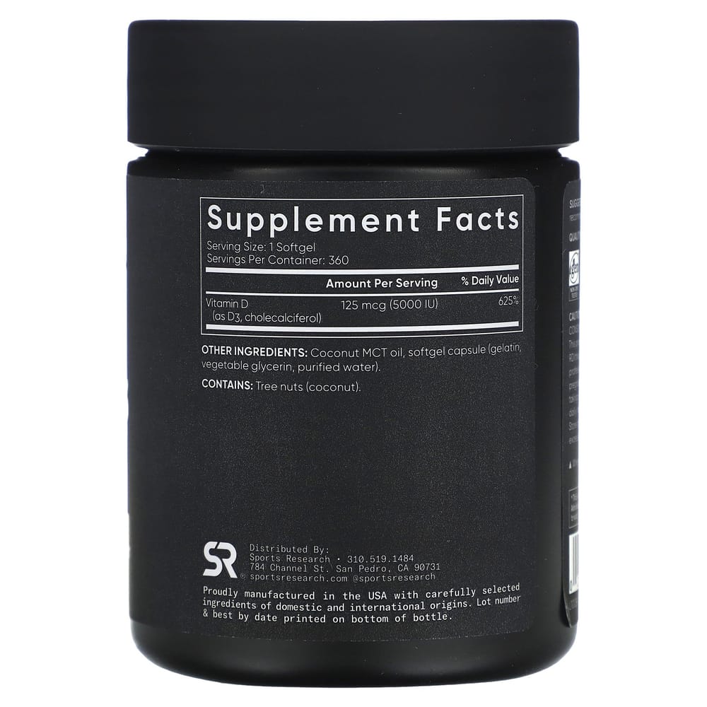 Sports Research Vitamin D3 with Coconut Oil, 125mcg (5000 IU), 360 Softgels