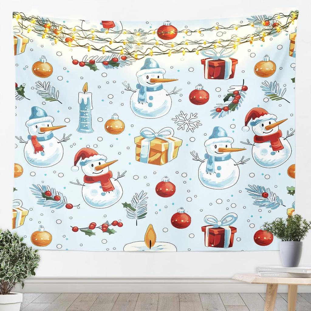 Merry Christmas Tapestry Xmas Ornaments Wall Hanging Blanket Snowman Snowflake Wall Art for Living Room Bedroom Decoration