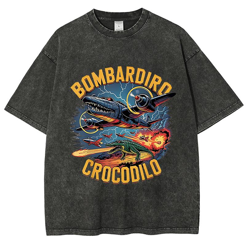 Bombardiro Crocodilo Italian Brainrot Pattern Printed Cotton Hip Hop Washed T-Shirt For Men Women Neutral Loose Short Sleeve S