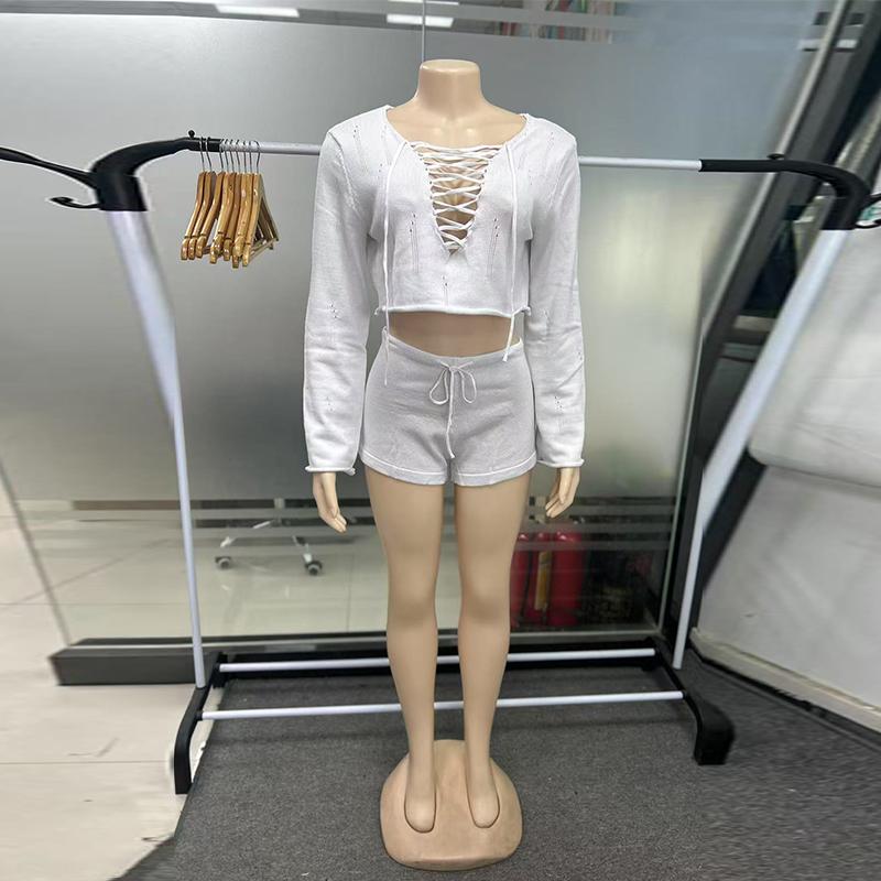 Casual Knit Shorts Suits Women O Neck Long Sleeves Bandage Tops Sets Female Spring Summer Lady Beach Sets 2 Pieces