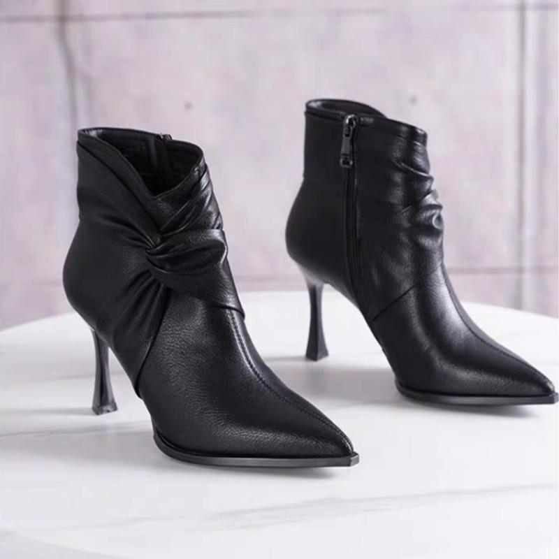 

Модные ботильоны с острым носком для женщин, туфли на высоком каблуке, модная кожа, плиссированные, новые, зимние, элегантные туфли-лодочки 2025, для вечеринки, Zapatillas De Mujer 34