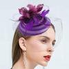Yardwe Vintage Fascinator Headband Purple Mesh Flower Pillbox Hat Wedding Bride Headdress Banquet Hair Accessory for Women Special Occasion