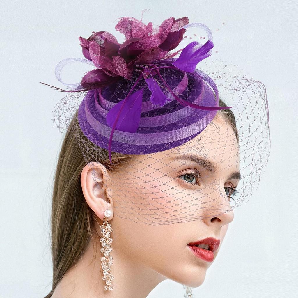 Yardwe Vintage Fascinator Headband Purple Mesh Flower Pillbox Hat Wedding Bride Headdress Banquet Hair Accessory for Women Special Occasion