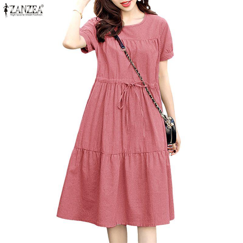 ZANZEA Women Casual Round Neck Summer Short Sleeve Plaid Print Dress