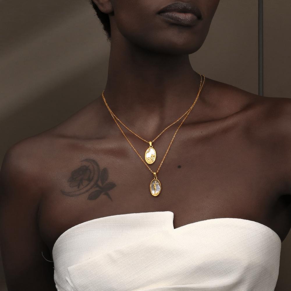MamacitaLay 18K Gold Plated Stainless Steel Zircon Star Twelve Constellation Shell Necklace Women's Waterproof Neck Jewelry Gift
