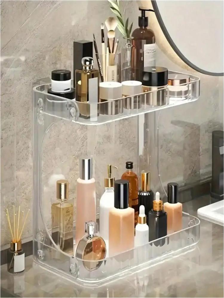 2-Tier Transparent Plastic Desktop Cosmetic Storage Box with 2-Tier Shelves & 4-Wheel Base - Space-Saving Organizer Tray, Freest