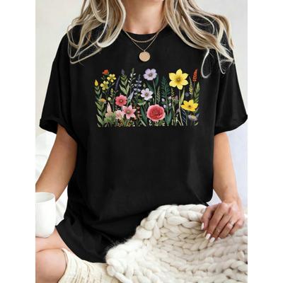 Camiseta de mujer con estampado floral sencillo y colores vivos, holgada, de algodón, cuello redondo, manga corta, transpirable, estilo casual y veraniego.