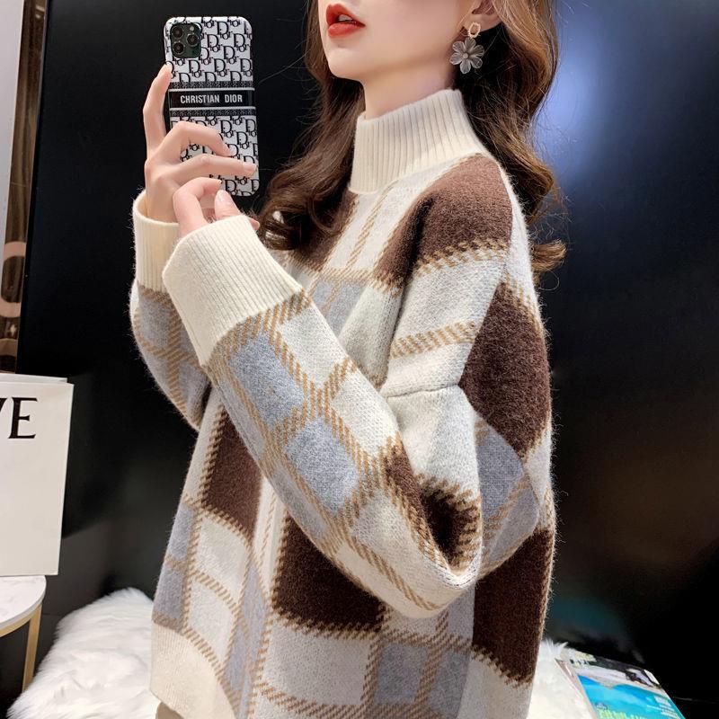Women's Retro Plaid Half High Neck Loose Knit Sweater - Hong Kong Style 2025 Autumn/Winter.