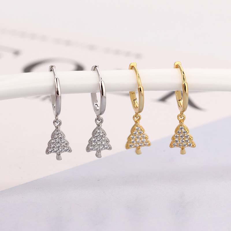 Boucles d'oreilles créoles Arbre de Noël en Zircon Doré - Bijoux d'oreille mignons pour femmes avec diamants