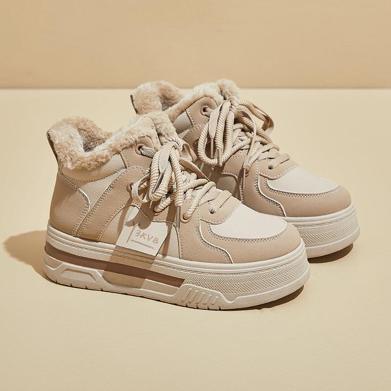 2025 Women's Korean Style Fleece-Lined White Sneakers - Thick-Soled Winter Sports Shoes M019