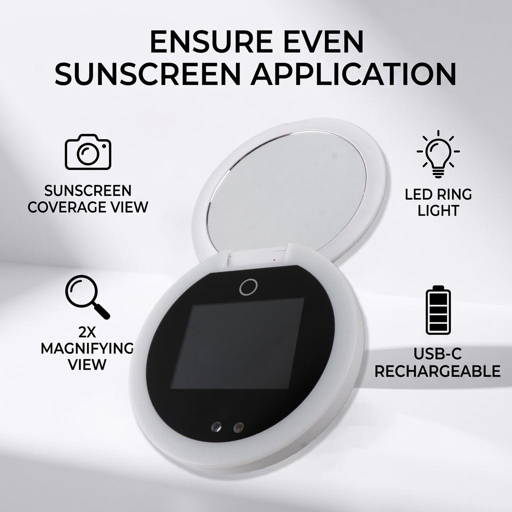 Specchio per Testare la Protezione Solare con Fotocamera Specchio Ingranditore 2X Specchio per Trucco Portatile con Luce LED per Viaggi Pelle