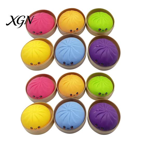 TPR Stress Ball 12Pcs Steamed Bun with Steamer Anti-Anxiety Glitter Cartoon Relaxation Squeeze Dumpling Toy Simulated Dough Fidget Sensory Reliever