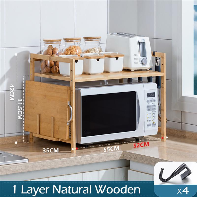 Kitchen Microwave Oven Storage Rack 1 Layer Bamboo Adjustable Countertops Organizer Shelf Hanging Hook Chopping Board Holder