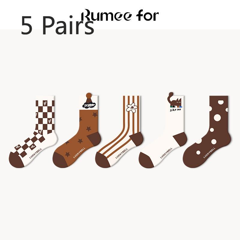 5 Pairs of Female Spring and Autumn Deodorant Sweat Absorbing Cute Preppy Cartoon Tube Cotton Socks