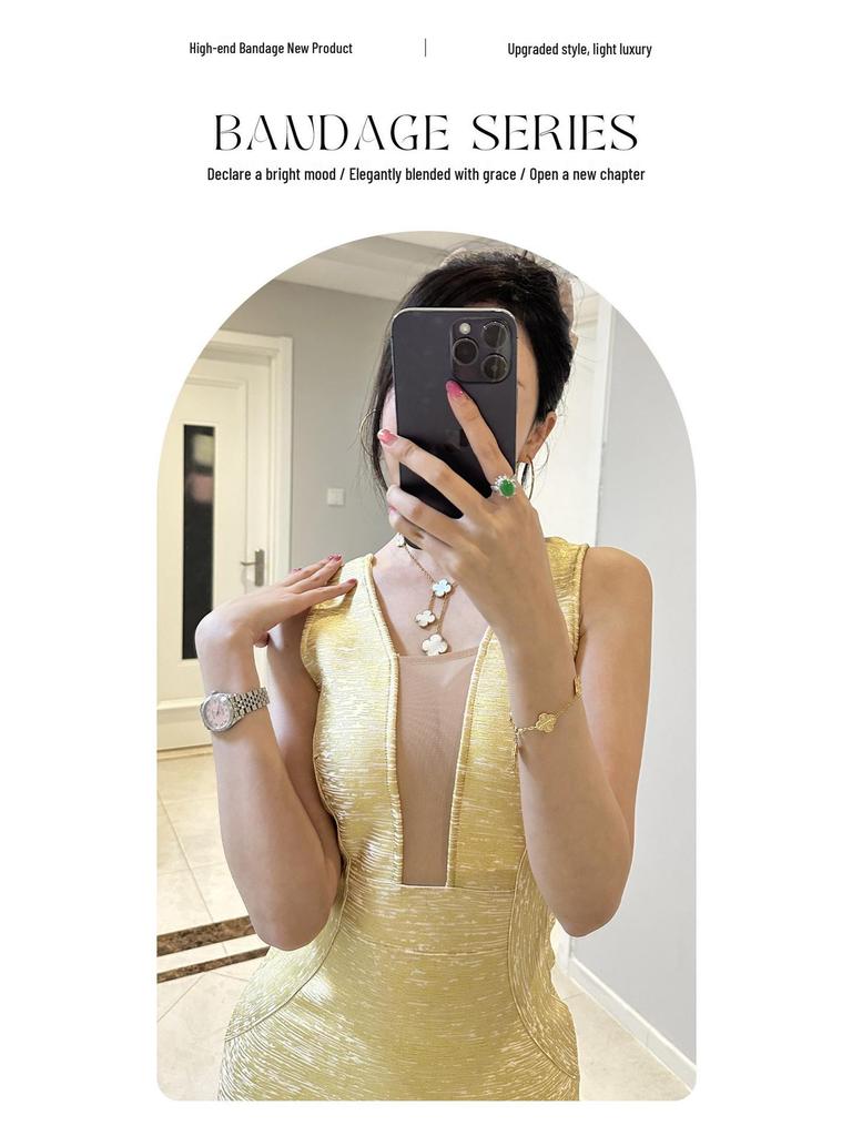 Silk Luxury Low-Cut Mesh Bandage Dress with Gold Waist for Evening Party