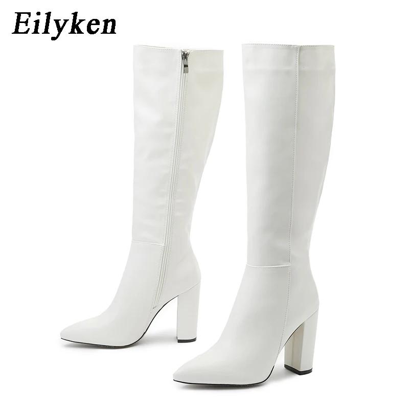 Women's Mid-Calf Boots Fashion Knee-High Boots Elegant Street Style Pointed Toe Women Shoes Chunky High Heel Zipper Long Booties
