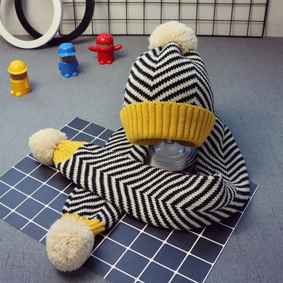 2Pcs/Set Kids Autumn Winter Hat Scarf Set Plush Ball Decor Striped Print Brimless Hat Knitting Scarf Set