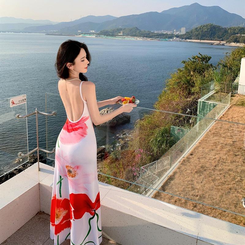 Summer Island Store Vacation Dahlia Printed Sexy Suspender Vest Skinny Hip Wrap Fishtail Dress