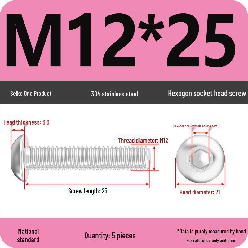 304 Stainless Steel Pan, Half, and Round Head Hexagon Screws (M2-M12)
