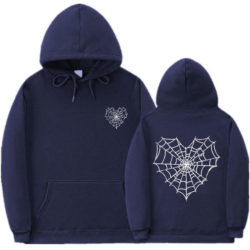 Gothic Spiderweb Print Hooded Sweatshirt Unisex Oversized Pullover With Ribbed Hem Fall