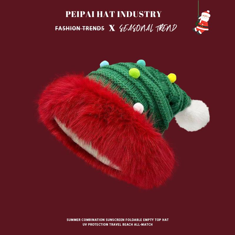 

Plush Christmas red knitted hat women s thickened hairball cute warm pullover holiday festive pointy hat M（56-58cm）