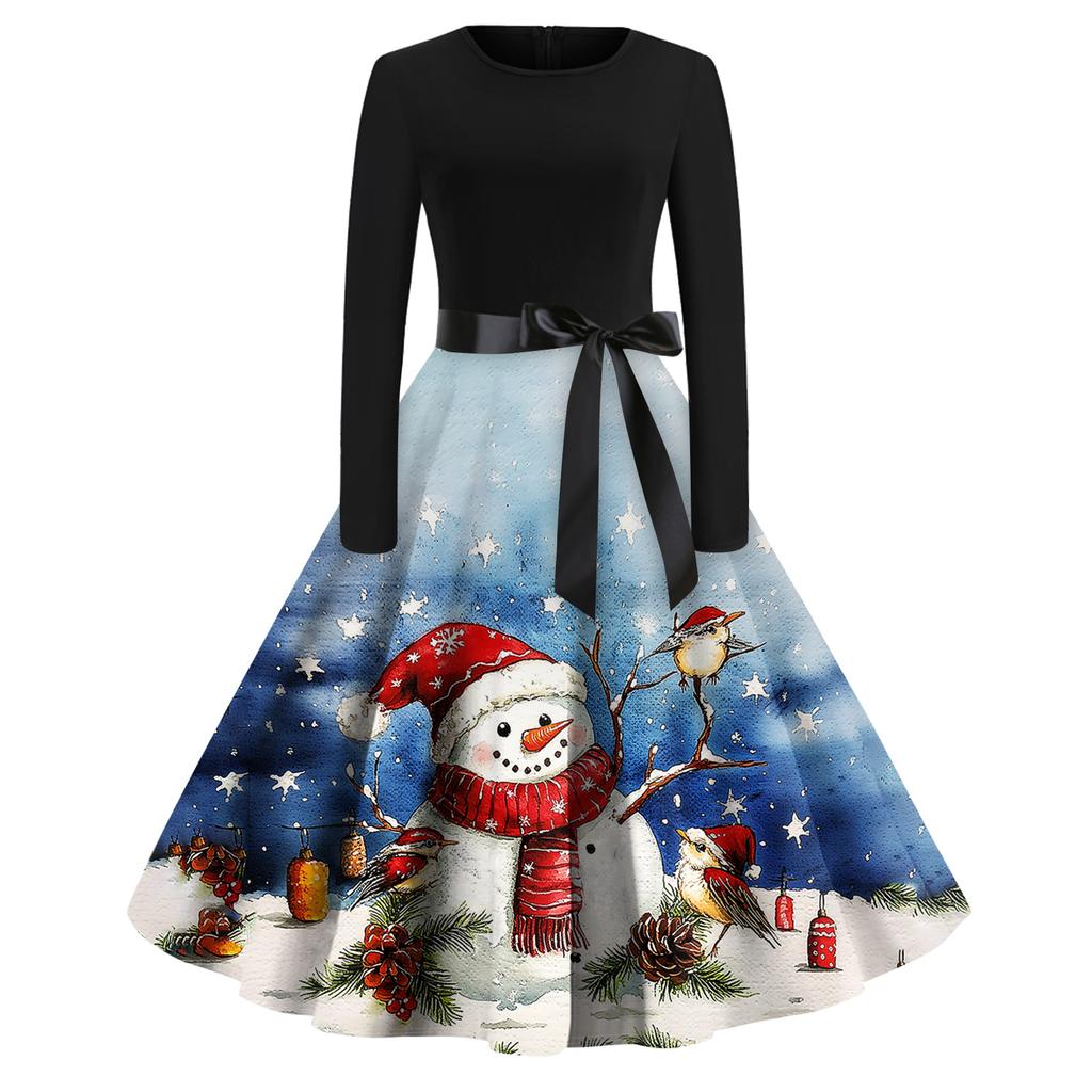 Juletrykk Flare Kjole For Dame Langermet Kjole Hule Fest Casual Kjoler