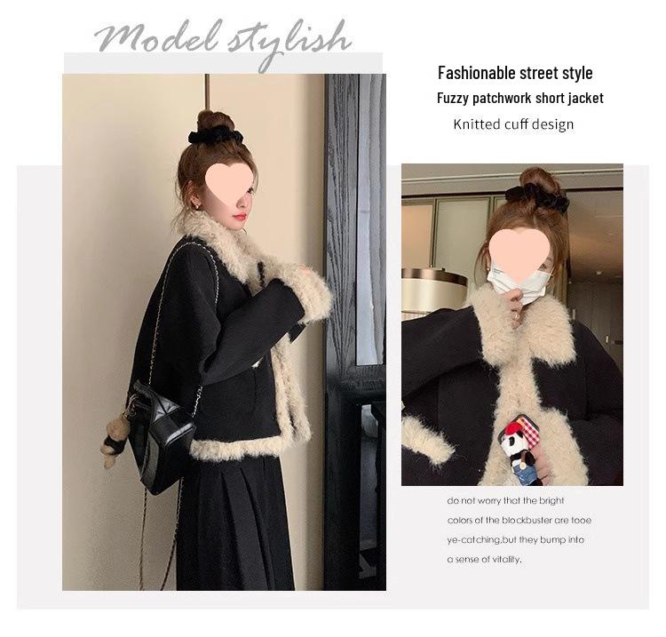 2025 Winter Women's French Chic Black Corduroy Lambswool Coat – Petite Eco-friendly Fur Plush Top