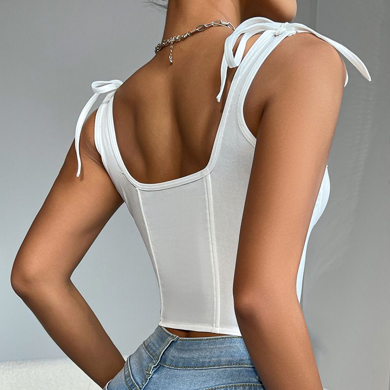 Cross-Border New Arrival Sexy Sexy Silm Fishbone Camisole Bow Bandage Square Collar Beautiful Back Tank-Top Women's Vest