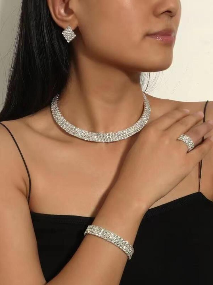 New Fashion Necklace Earrings Ring Bracelet Four-piece Set, Full Diamond Three-Row Collar Bridal Suit Women