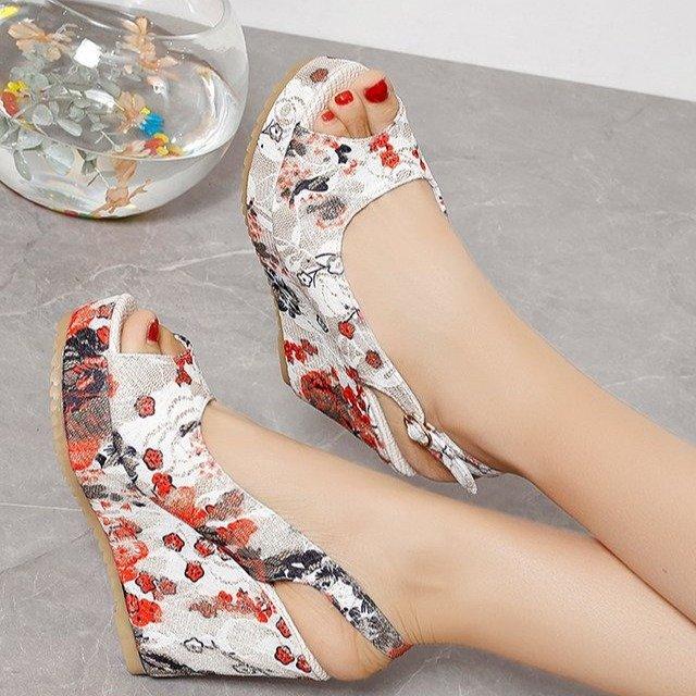 Large size printed fish mouth thick-soled wedge heel one-word buckle sandals summer beach open-toed women's shoes