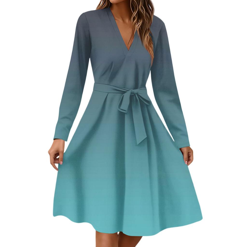Women's Fashion Casual V-Neck Long Sleeve Waist Floral Print Midi Dress