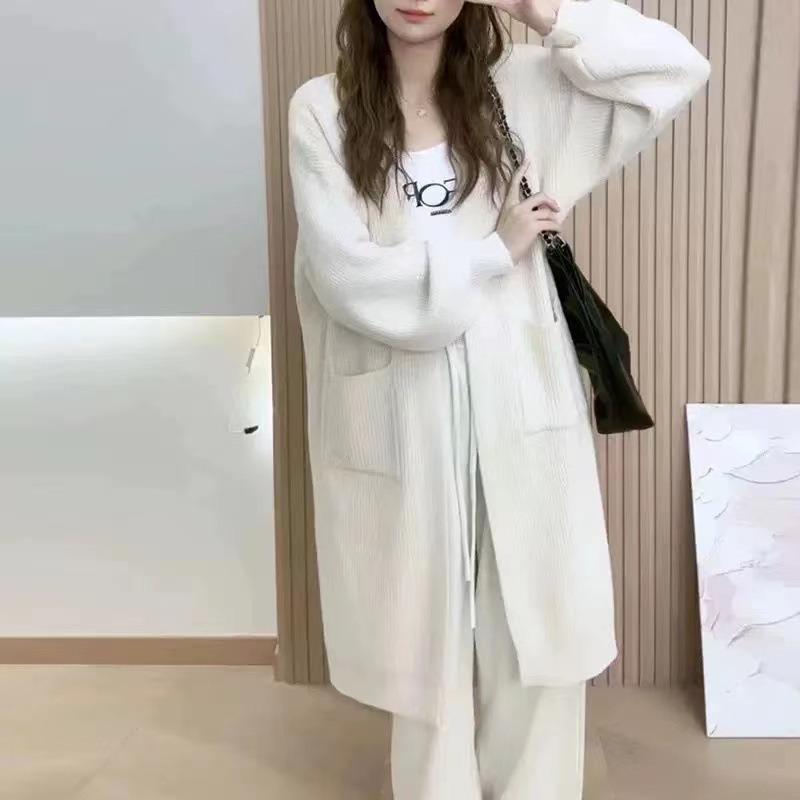 Fashion medium and long sweater cardigan jacket women's early autumn thickened over the knee lazy wind loose small knitted outside