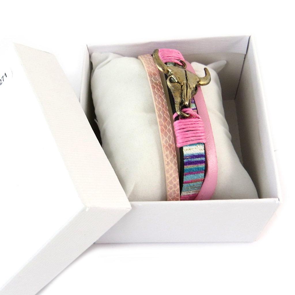 Les Trésors De Lily [P0271] - Vintage Pink 'Navajos' Designer Bracelet (bison Skull) - 3 Rows