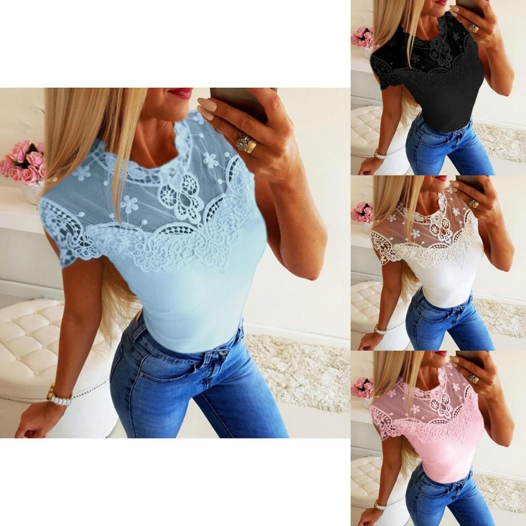 Beautiful Summer Women Short Sleeve Lace See-through Top With Elegant Frilled Design