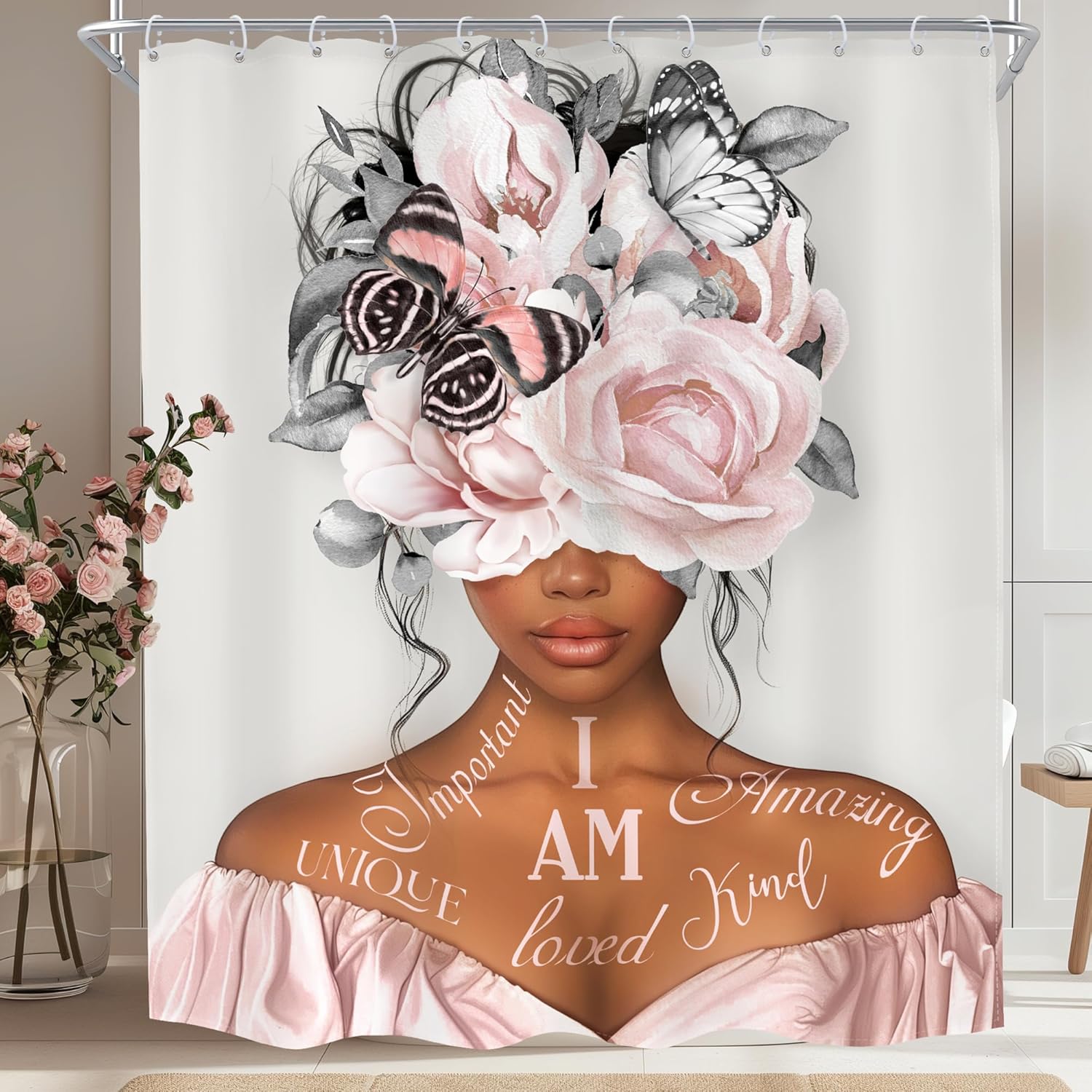 

Meshelly Black Girl Shower Curtain - Gray & Pink Peony, Motivational Quotes, Butterfly Design, Bath Decor W60H190(CM)-1 Pcs