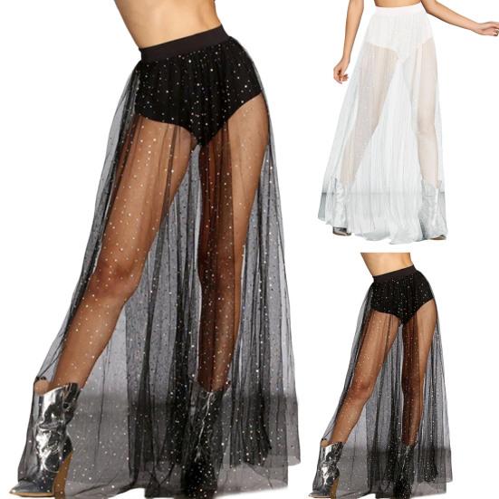 Sexy Skirt Shiny Elastic High Waist Perspective Rhinestones Decor Maxi Skirt