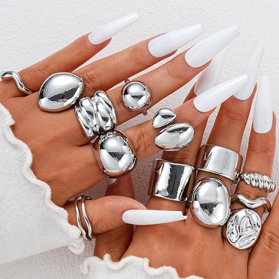 iF ME Modisches Minimalistisches Elegantes Ringe Set Für Frauen Vintage Exquisit Asymmetrisch Geometrisch Flüssig Chunky Metallring Schmuck