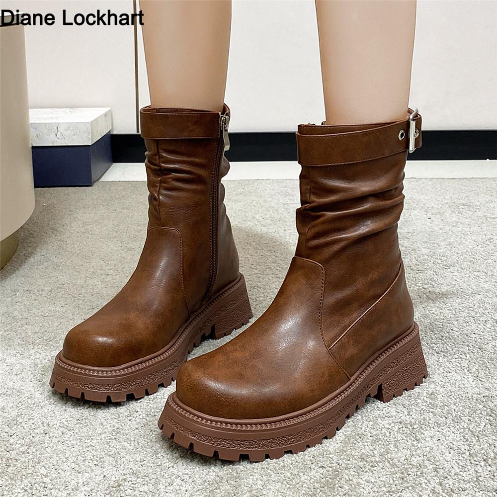 Fashion Women's Platform Chelsea Boots PU Leather New Autumn Winter Fashion Ankle Boots Retro Pleated Marton Boots Ladies Zapatos Mujer