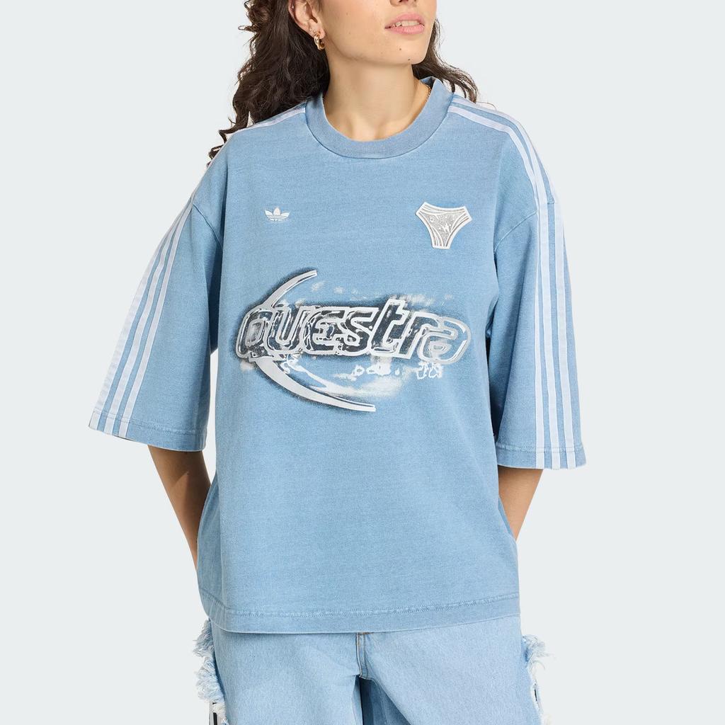 Adidas Originals Adilenium Cotton Denim Striped Sports Short Sleeve T-Shirt Women tops KZ5011