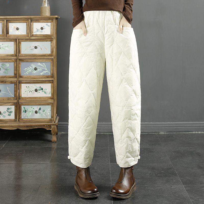 Women's Loose Rhombus‑Quilted Down Cotton Pants Windproof Warm Thick Elastic Waist Casual Winter Trousers