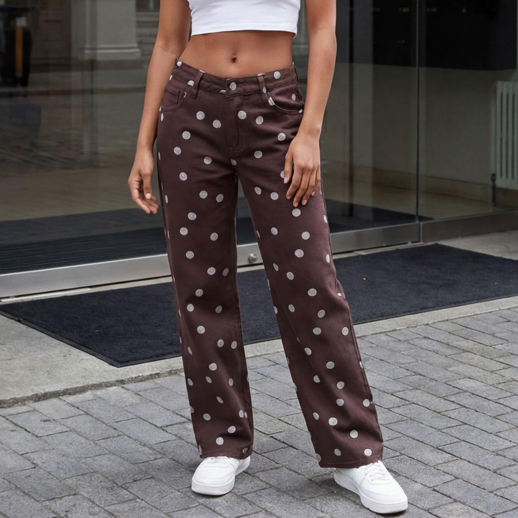 Women's Polka Dot Mid Loose Fit Casual Jeans Non Stretch Denim Pants for Everyday Wear