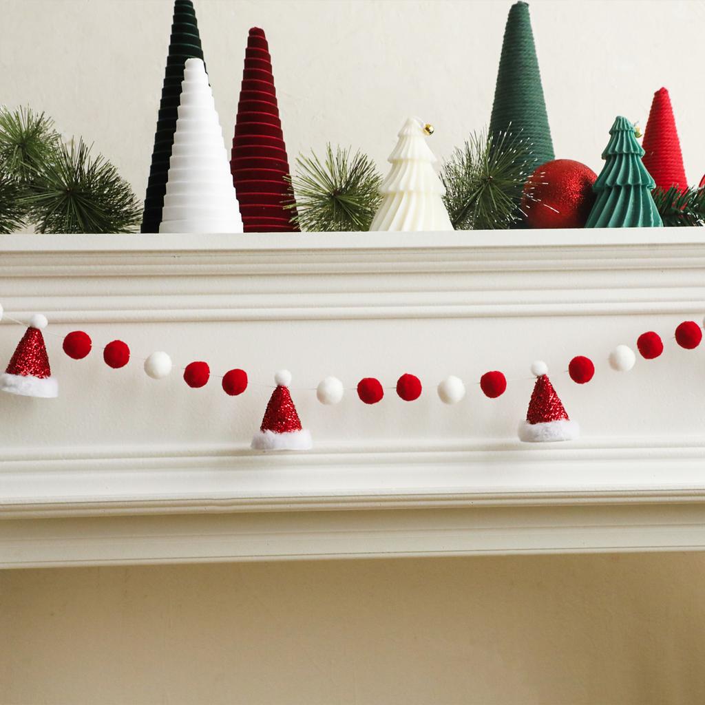 Weihnachts-Nikolausmütze Pompon Girlande Rot & Weiß Filzkugel Schnur Festliche Hängedekoration für Weihnachtsbaum, Kaminwand & Zuhause Geschenk