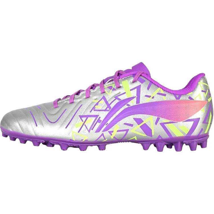 Li Ning Kids Jin Series PU Comfortable Versatile Trendy Non-Slip Shock Absorbing Durable Low-Top Soccer Shoes Kids Sneaker Silver Purple YSFV006-1