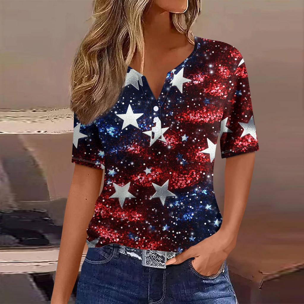 Dámské tričko Tričko Potisk knoflíku Krátký rukáv Denní víkend Móda Basic Top s výstřihem do V
