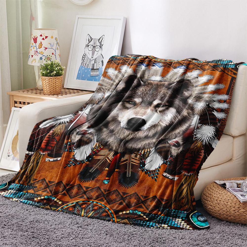 1Pc Indian Wolf Print Flannel Blanket, High quality Comfortable for All Seasons, Home Decor, Warmth and Comfort, Perfect for Christmas Gifts