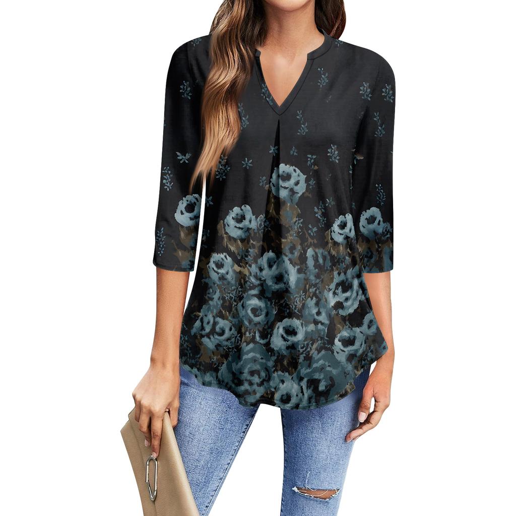 Damen Mode Lässiges Dreiviertelarm T-Shirt Bedrucktes V-Ausschnitt Top