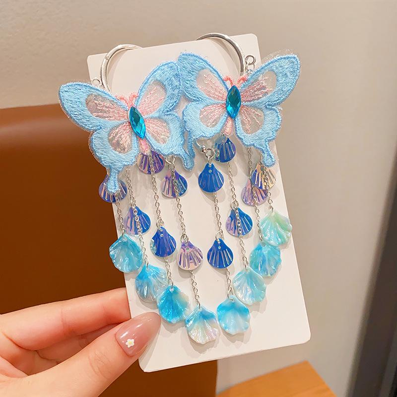 Dětské střapcové náušnice s mořskou pannou: Design mušle s vílou a motýlem pro malé princezny