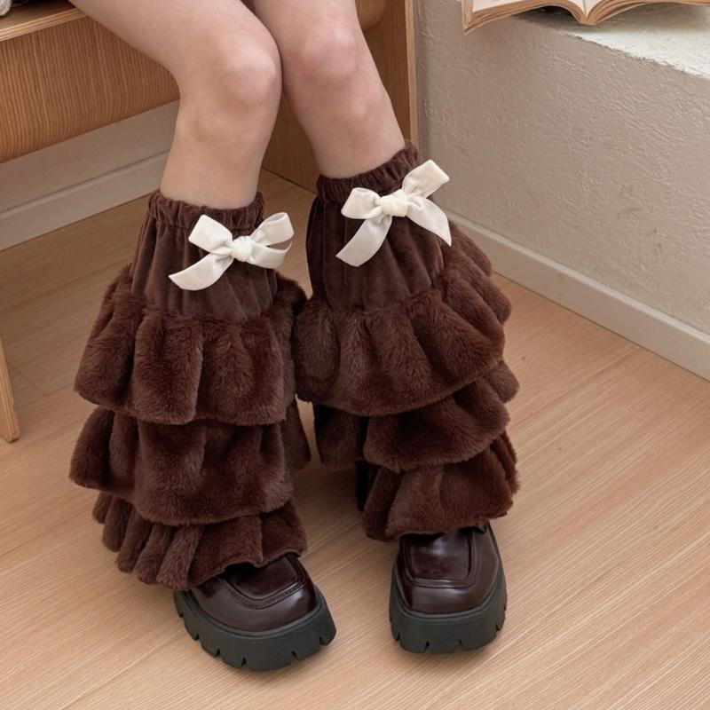 Women Plush Tiered Ruffle Leg Warmers with Bowknot Fuzzy Winter Boot Cuffs Thick Warm Furry Foot Covers Footless Socks