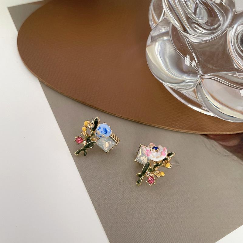 French Style Colored Enamel Glaze Flower Stud Earrings Simple Personality Special-Interest Earrings