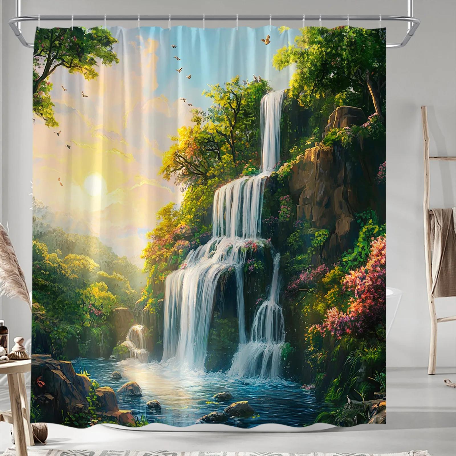 

Serene Waterfall Shower Curtain - Tranquil Scene With Cascading Water, Greenery, Pink & Purple Flowers,Birds & Sunset, Polyes W60H190(CM)-1 Pcs